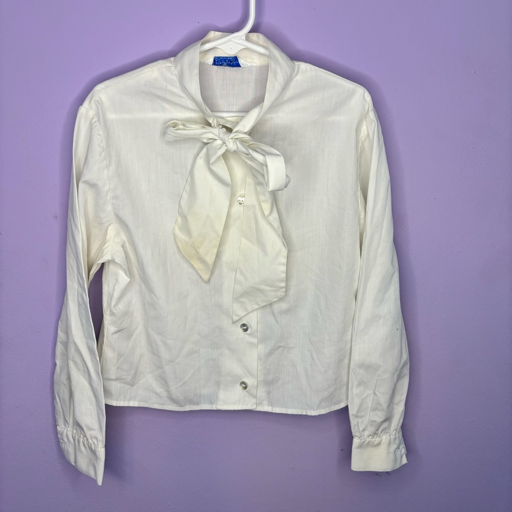 VINTAGE SEARS WHITE BUTTON UP BOW ACCENT L/S SHIRT GIRLS SIZE 7